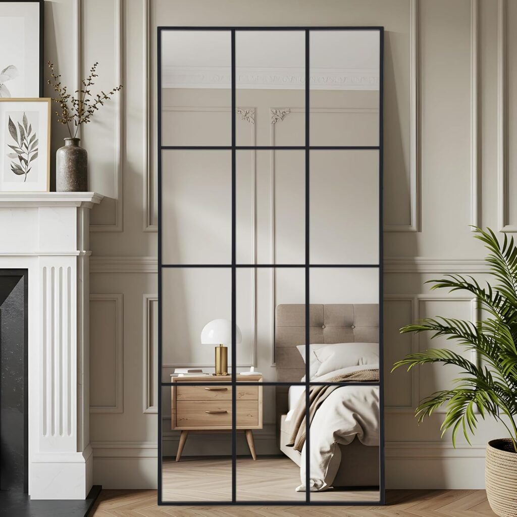 Window Wall Mirror Rectangular Full Length Floor Mirror Black Aluminium Frame Wall-Mounted Decorative Mirror for Living Room Entryway Hallway Indoor Outdoor