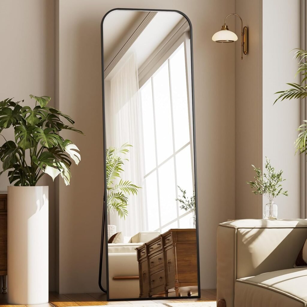 Top Curved Large Mirror Full Length, Free Standing with Stand, Large Floor Full Body Mirror with Round Corner on top, Hanging Wall Mounted for Bedroom, Living Room, Black
