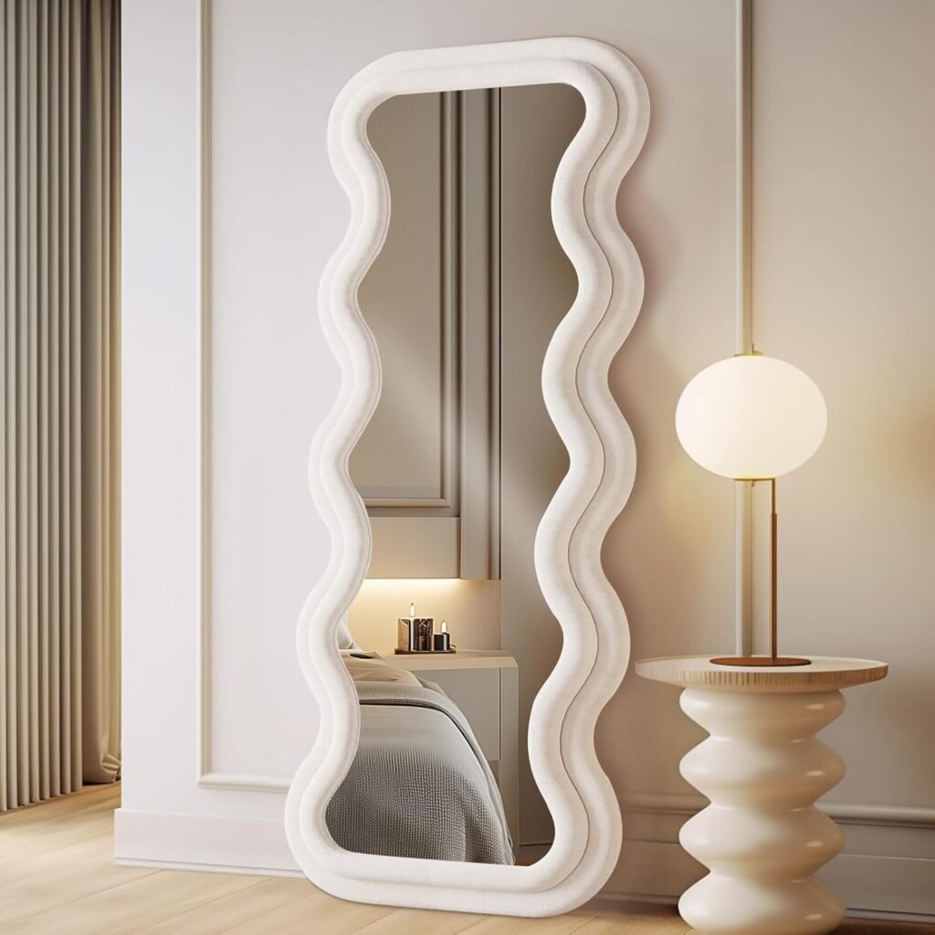 Full Length Mirror Wavy Full Body Wall Mounted Floor Mirror with Stand Ivory Flannel Frame Leaning Hanging Wall for Bedroom Entrance