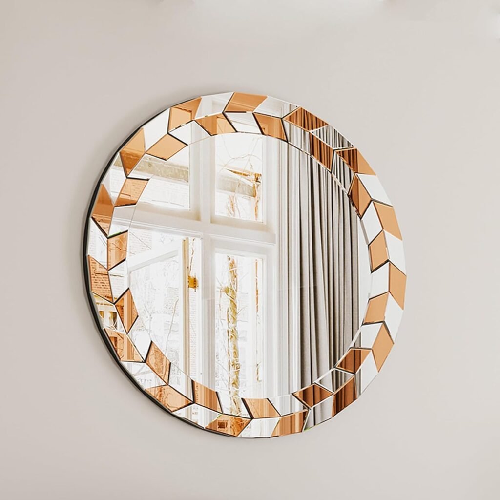 Entryway Art Wall Mirror Decorative: Round Gold and Silver Hanging Mirror 60cm Modern Elegant Artistic Look 5mm Premium Glass Beveled Edge Sunburst Pattern
