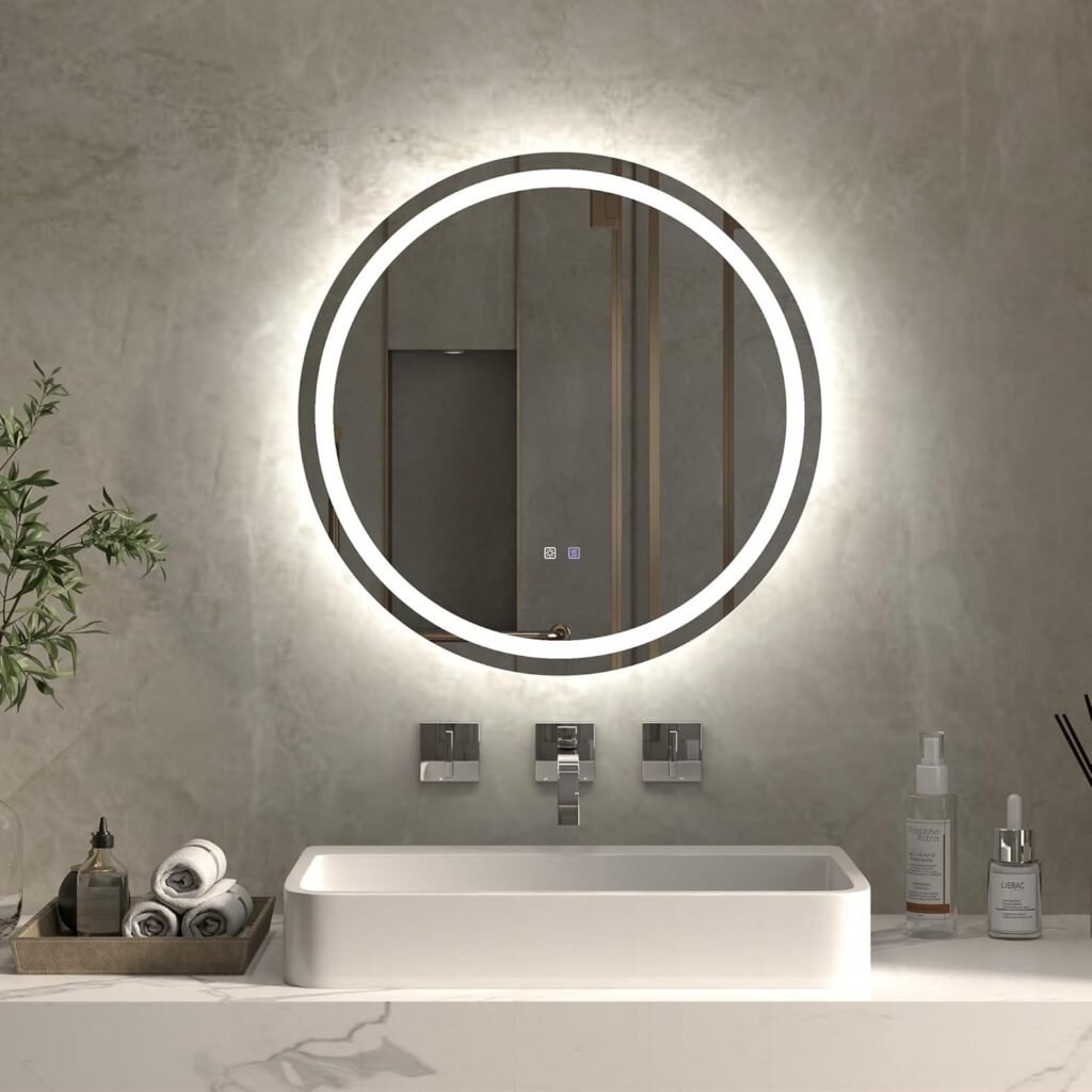 600 mm Round Bathroom Mirror with LED Light, Bathroom Light Mirror Wall Mounted Makeup Vanity Mirror with Anti-Fog, 3 Colors Dimmable, Memory Function, Horizontal/Vertical
