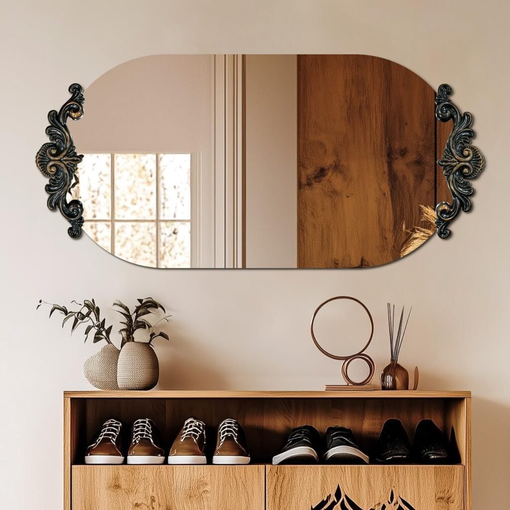 Entryway Baroque Mirror Vintage Traditional : 50 x 100cm Large Oval Mirrors for Walls Antique Wall Glass Mirror with Brass Rose-carved Edge Frame Bathroom Mirror,Wall Mirrors Hallway
