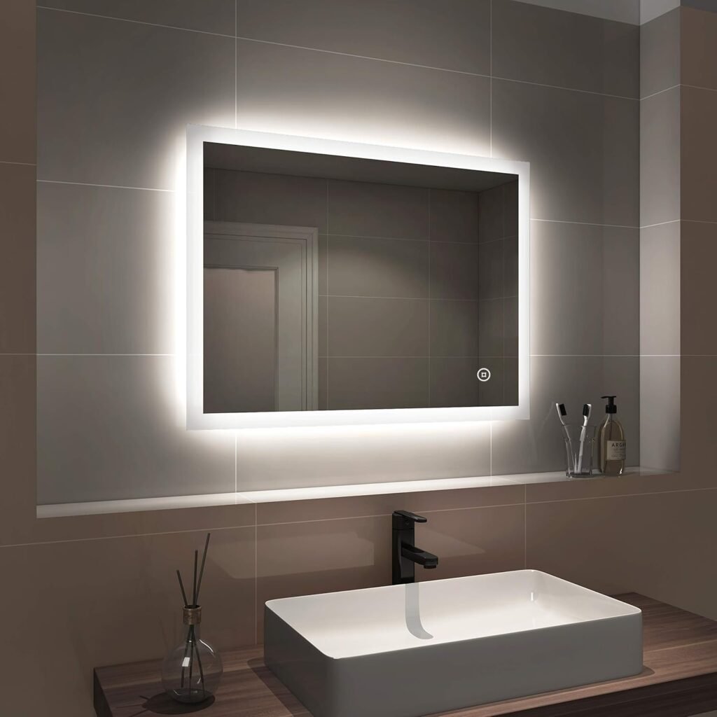 Illuminated Bathroom Mirror 800 x 600 mm, LED Bathroom Mirror 6500K Cold White Light with Touch Switch and de-mister Pad, Frameless Wall Mounted Mirror Horizontal & Vertical
