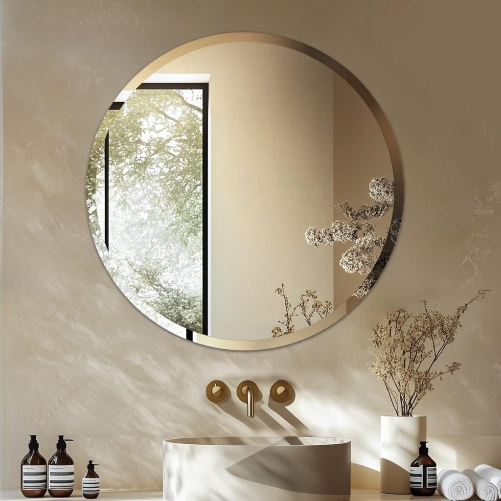 Round Wall Mirror Silver Frameless Decorative Mirrored Glass Vanity with Beveled Edge for Bathroom Living Room Entryway Hallway
