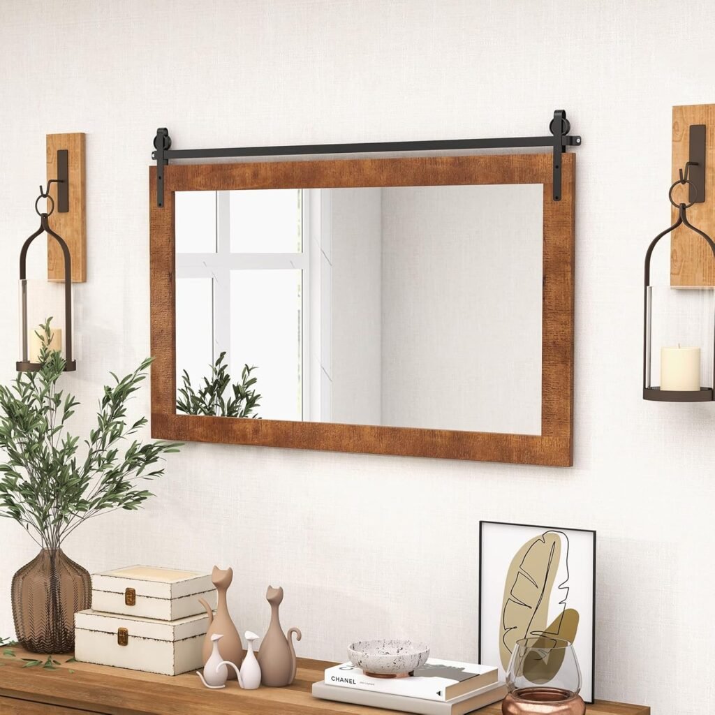 Decorative Rustic Wall Mirror, Rectangle Barn Door Hanging Vanity Mirror, Farmhouse Solid Wood Frame Wall Mounted Mirror for Bathroom, Living Room, Bedroom and Hallway 
