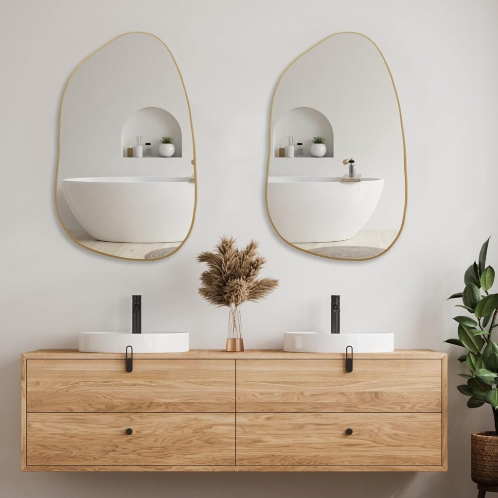 Irregular Asymmetrical Wall Mirror, Modern Gold Mirror, Boho Vintage Wall Decor for Bathroom Bedroom Living Room Entryway Fireplace, Wall Mounted